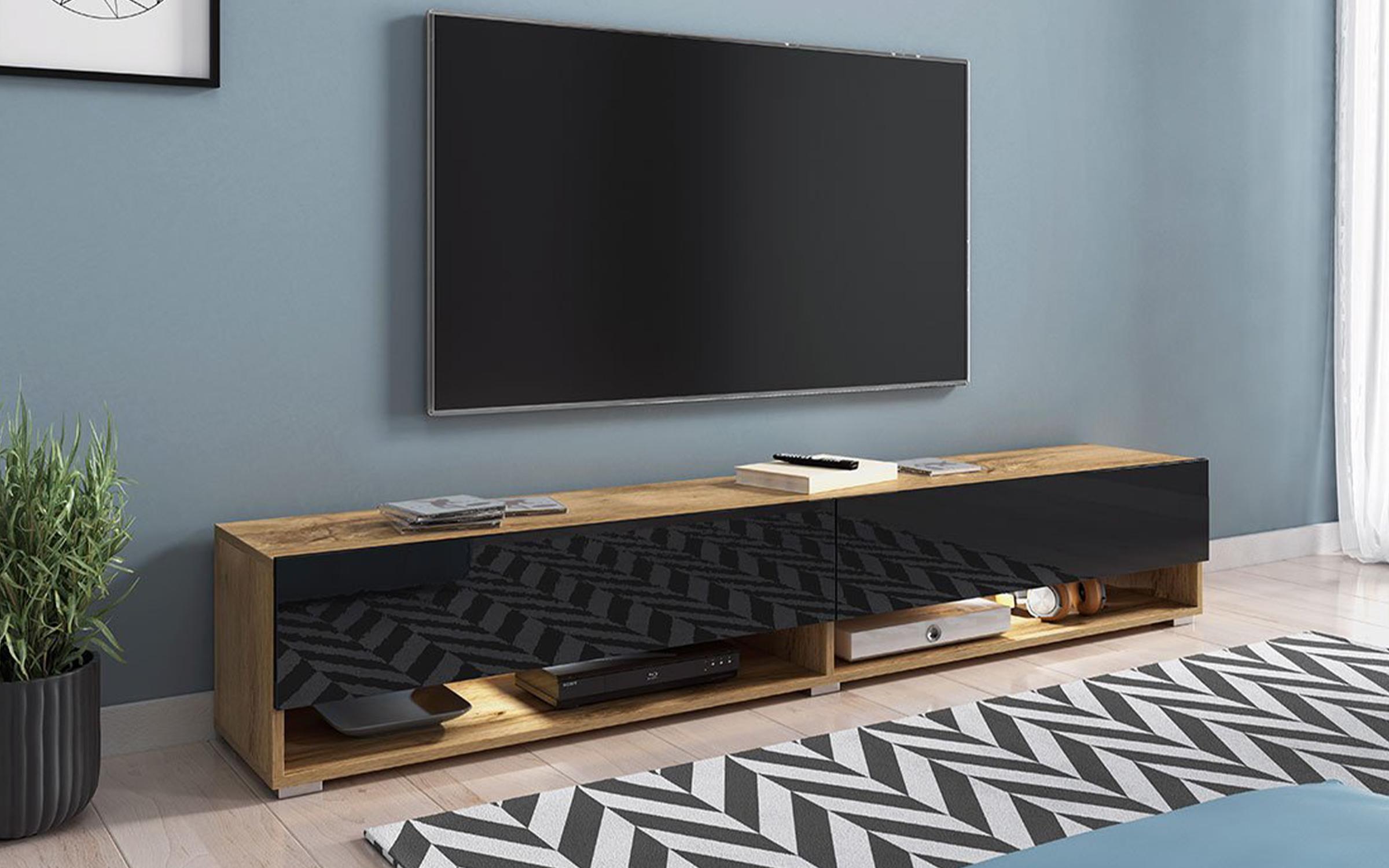 Έπιπλο TV + LED Sebastian 2468 δρυς vottan + μαύρο γυαλιστερό