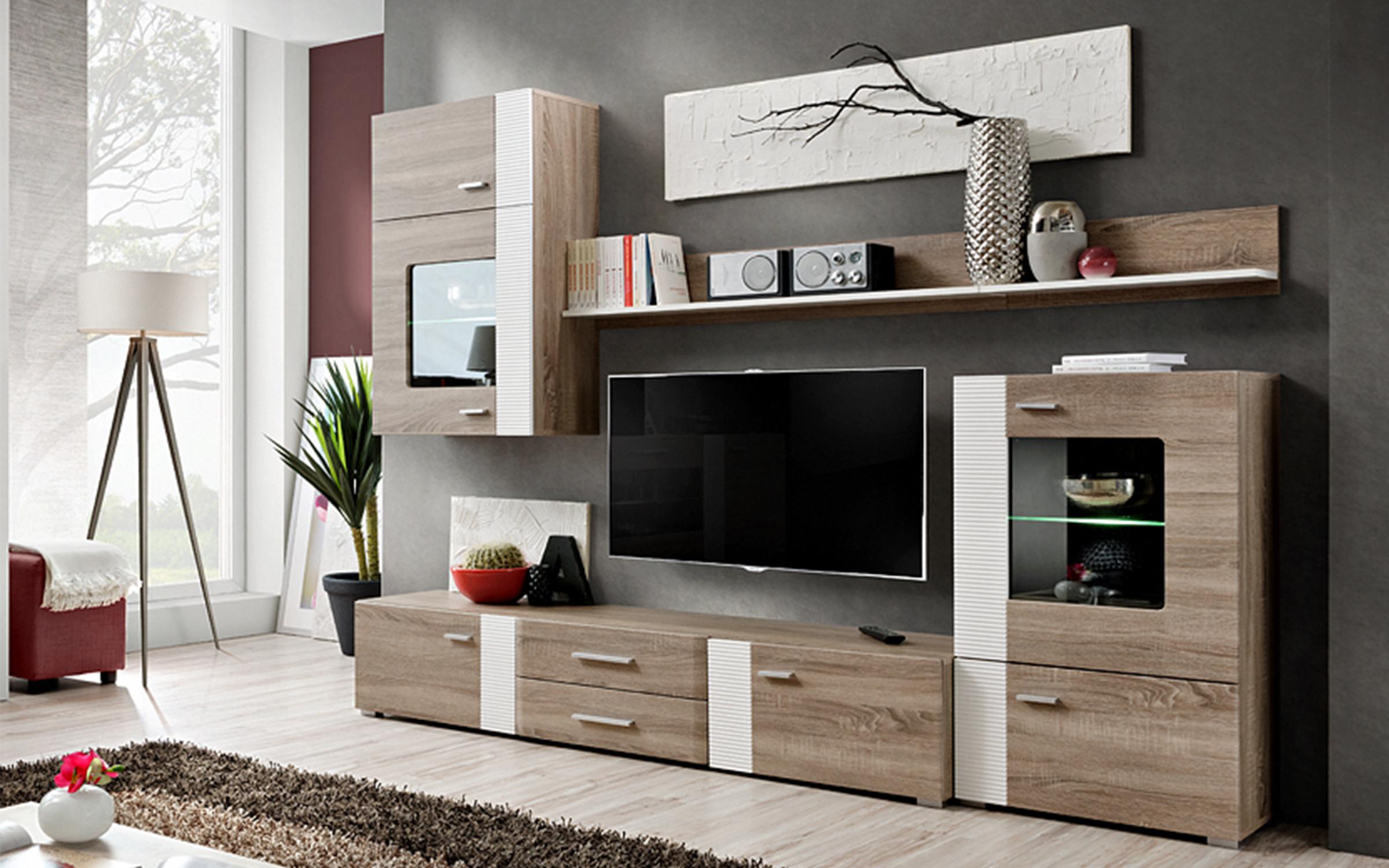 Έπιπλο σύνθεσης + φωτισμός LED Juliana 9351 σκούρο δρυς sonoma + άσπρο γυαλιστερό