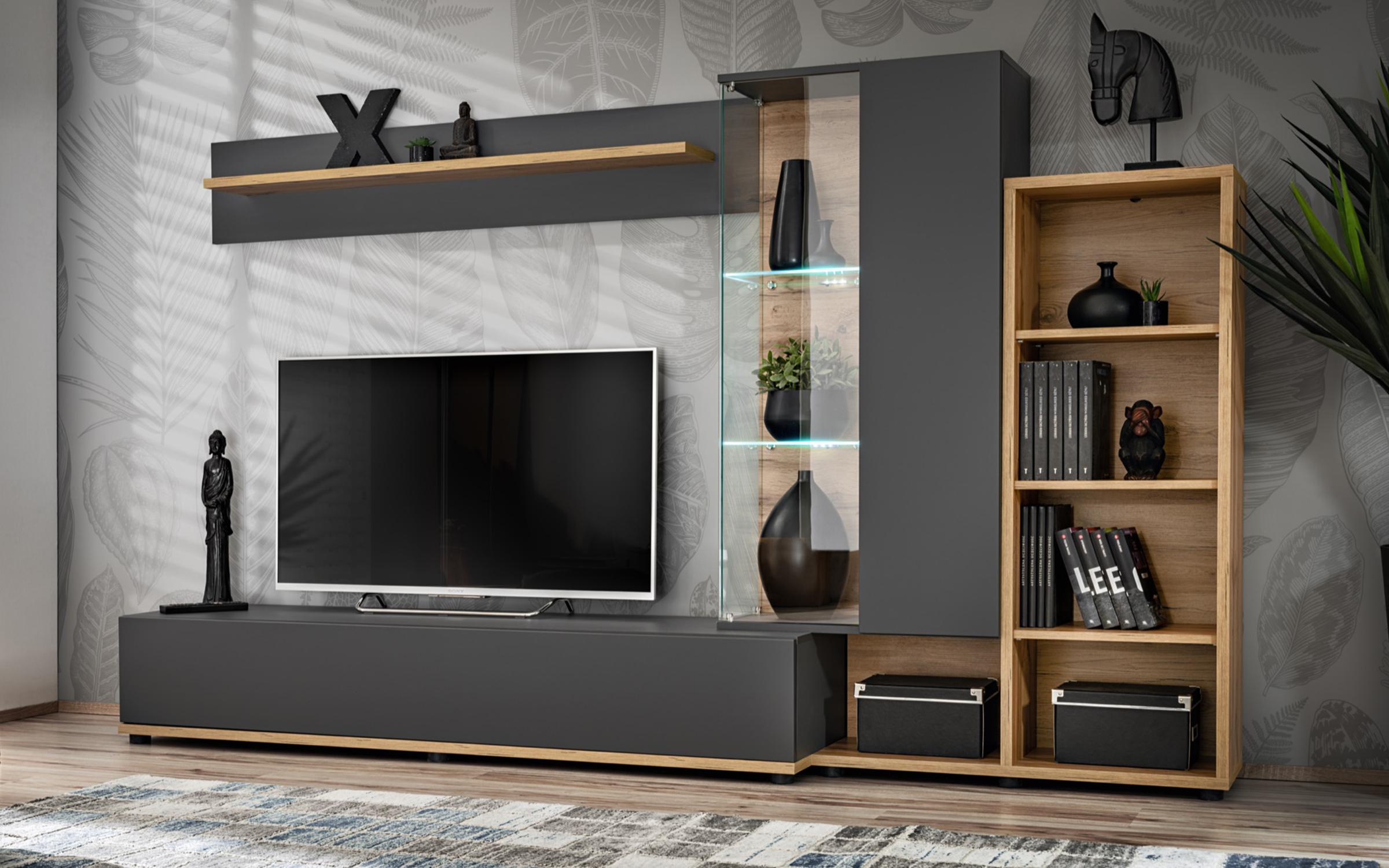 Έπιπλο σύνθεσης + φωτισμός LED Danielle 8469 δρυς vottan + ανθρακί