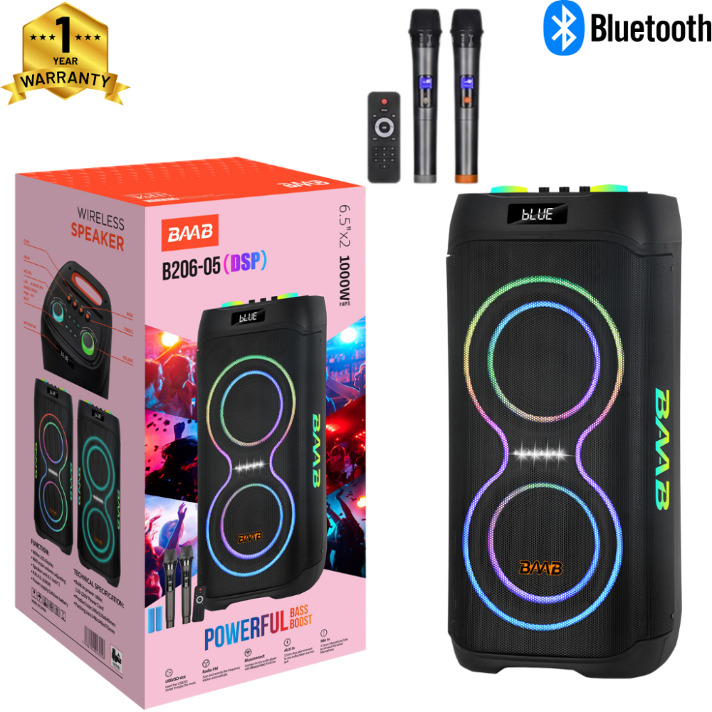 Επαναφορτιζόμενο Ηχείο Karaoke JBR-C107 60W με 2×10″, Bluetooth, RGB LED, TWS, Τηλεσκοπική Λαβή & 2 Ασύρματα Μικρόφωνα