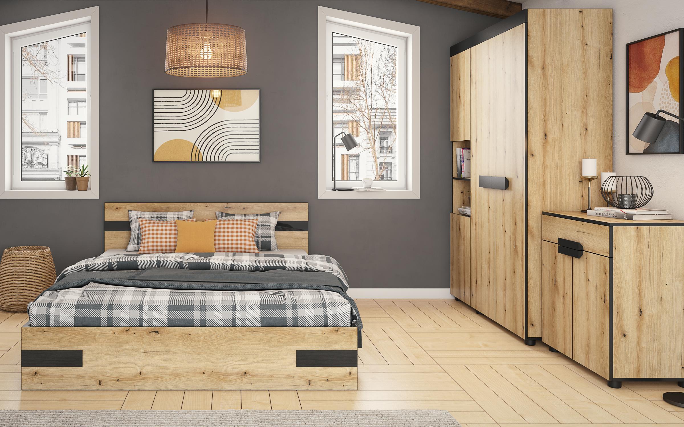 Σετ κρεβατοκάμαρας + στρώμα Usopp 160x200 δρυς evok + μαύρο γυαλιστερό