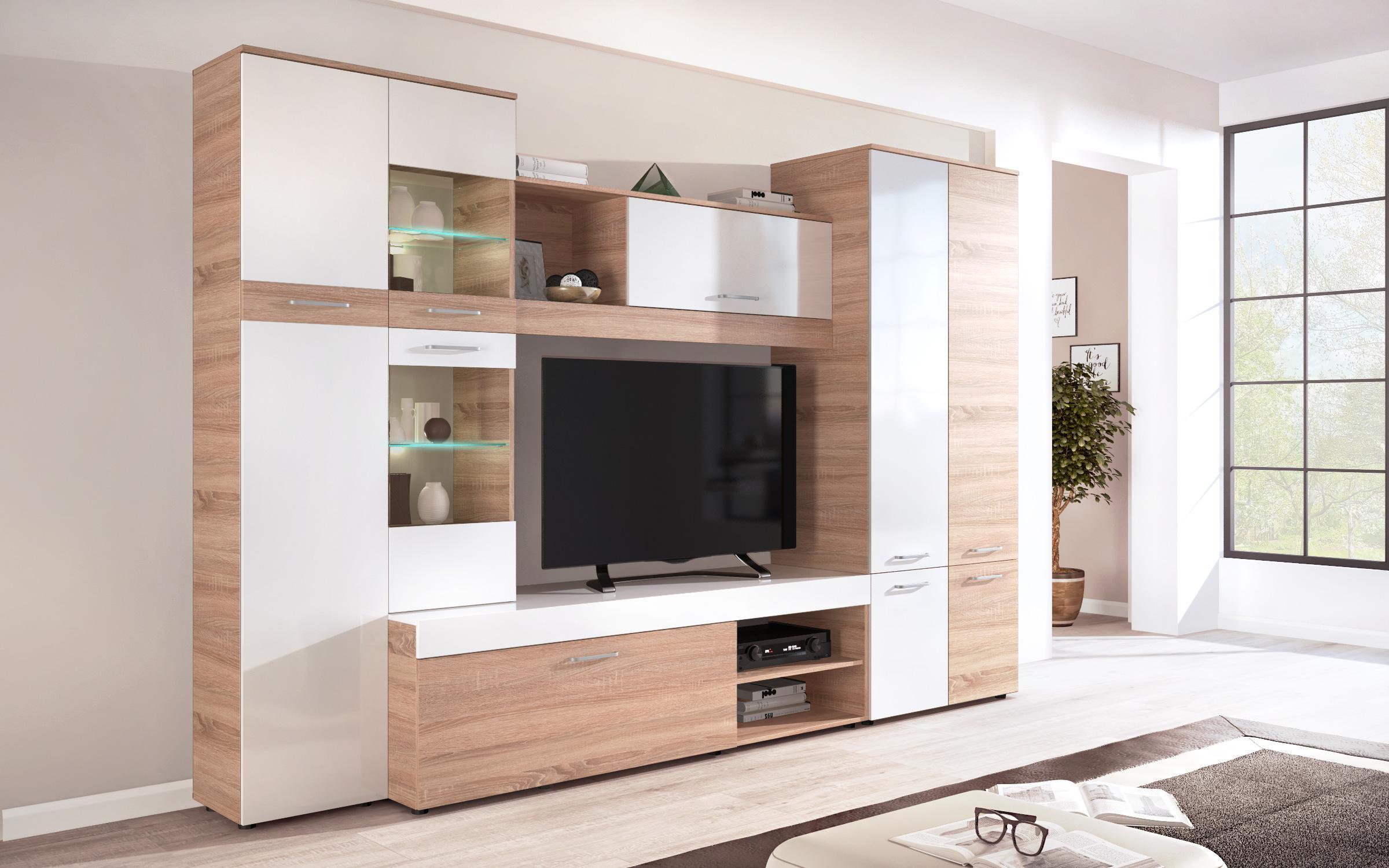 Έπιπλο σύνθεσης + φωτισμός LED Kevila 7942 δρυς sonoma + άσπρο γυαλιστερό