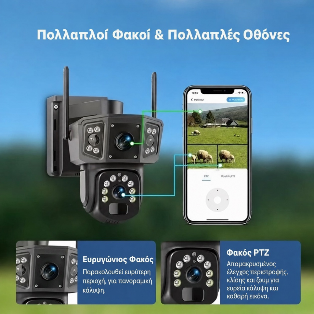 Αδιάβροχη Ηλιακή Κάμερα Ασφαλείας 4G ή WIFI Περιστρεφόμενη με Μπαταρία 8000mAh, Ηχείο και Μικρόφωνο & IP67