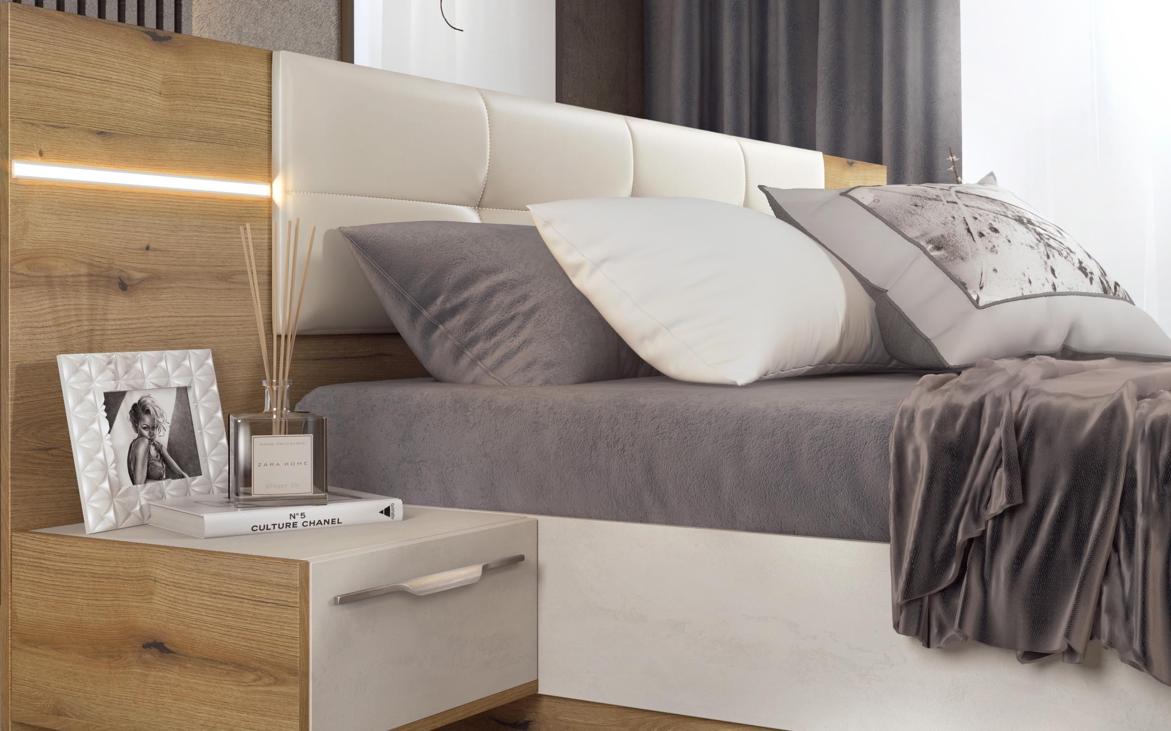 Σετ κρεβατοκάμαρας LED + στρώμα Matt 160x200 δρυς evok + silk
