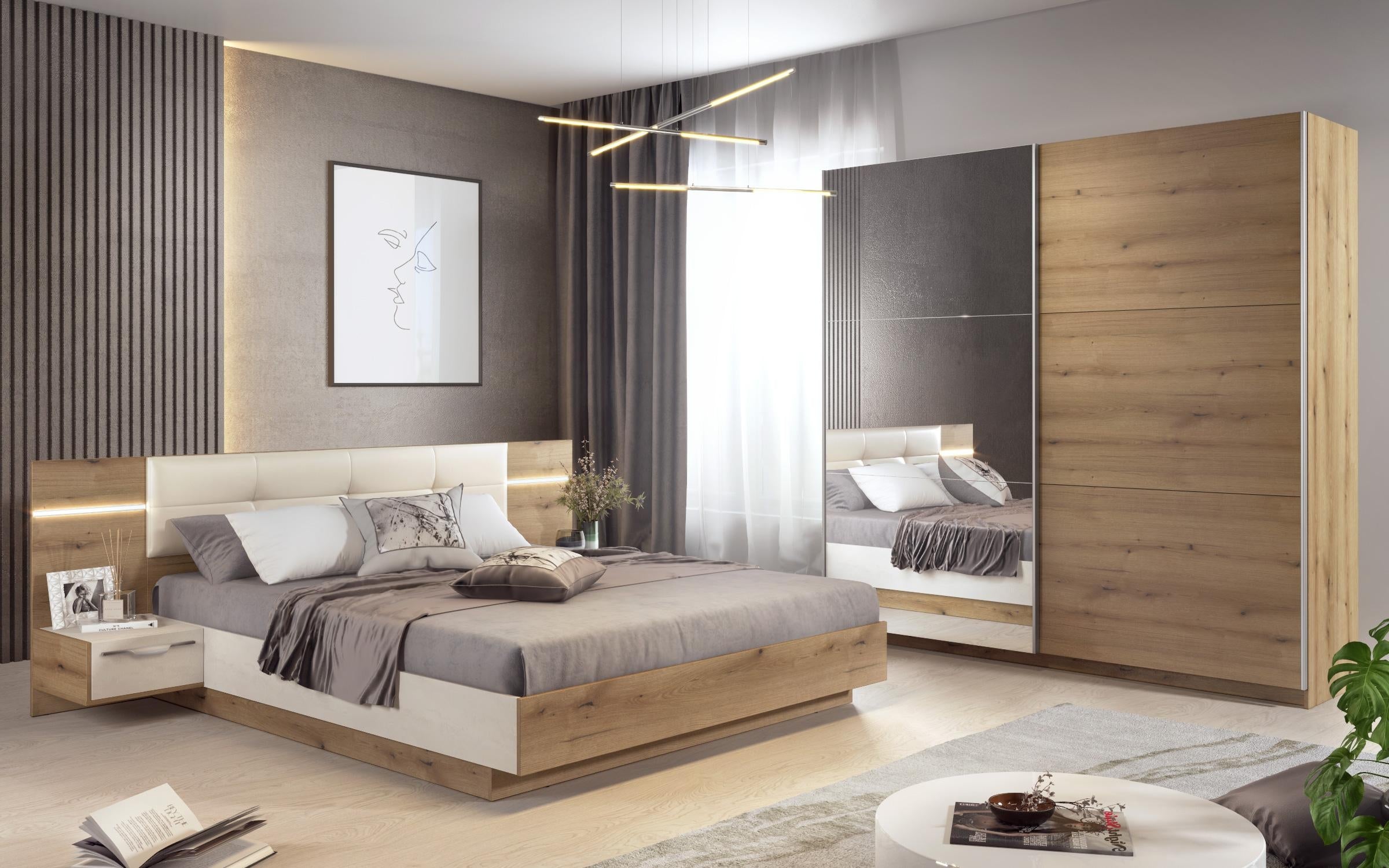 Σετ κρεβατοκάμαρας LED + στρώμα Matt 160x200 δρυς evok + silk