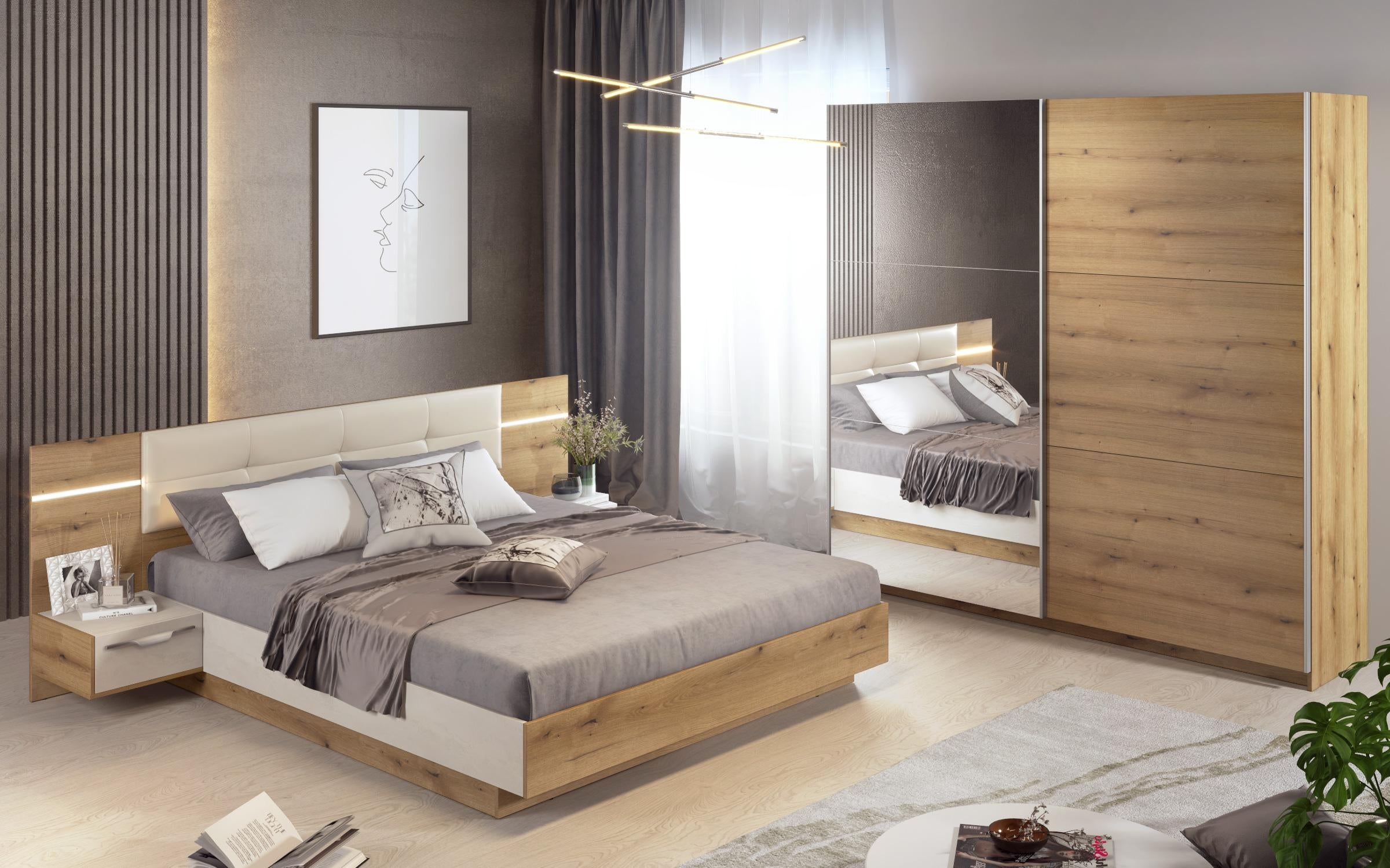 Σετ κρεβατοκάμαρας LED + στρώμα Matt 160x200 δρυς evok + silk