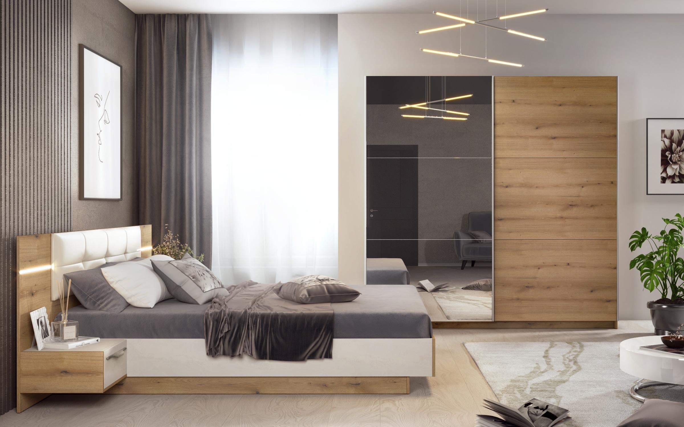Σετ κρεβατοκάμαρας LED + στρώμα Matt 160x200 δρυς evok + silk