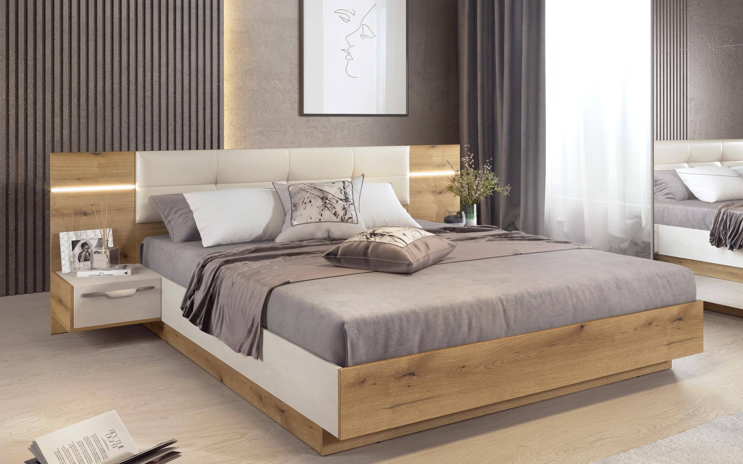 Σετ κρεβατοκάμαρας LED + στρώμα Matt 160x200 δρυς evok + silk